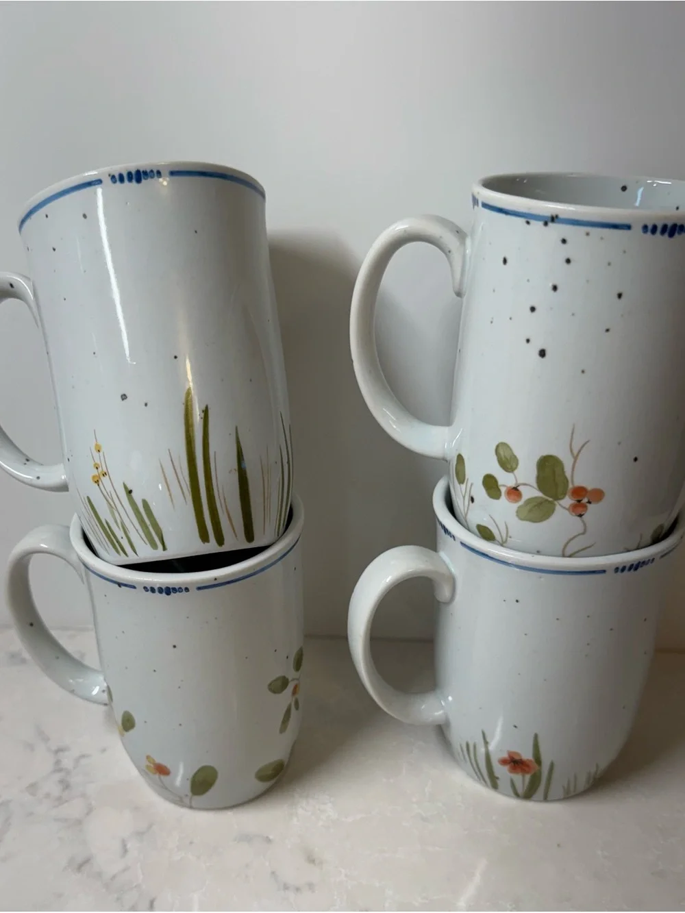 Fitz and Floyd Hand-Painted Bird Mugs in Blue, Yellow & Green